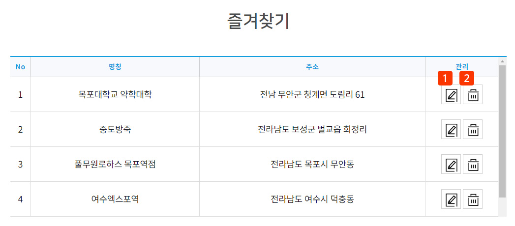 홈페이지 즐겨찾기 화면